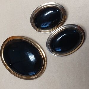 Butler Signed Black Cabachon Clip On Earrings & Brooch